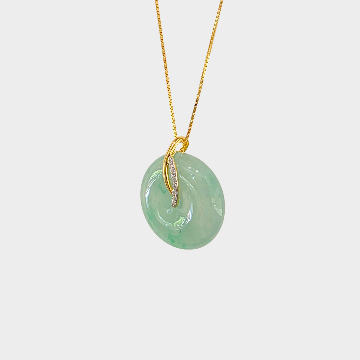Icy Green Jadeite Jade "Lucky Coin" Pendant in Yellow Gold with Diamonds