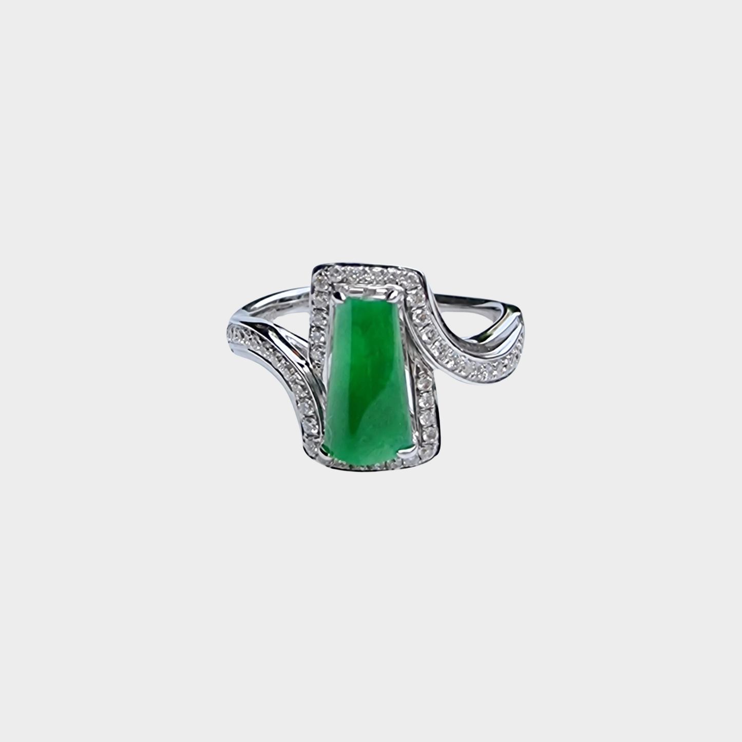 "Trapezoid" Apple Green Jadeite Jade Ring in White Gold with Diamonds