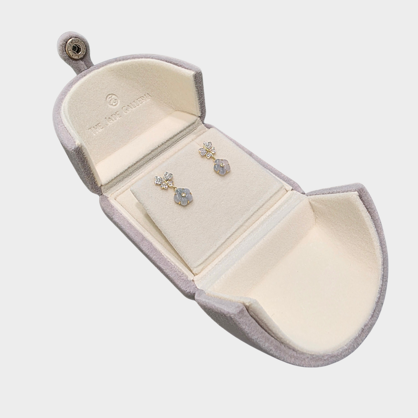 Lavender "Peach Blossom" Jadeite Jade Earrings in Yellow Gold with Diamonds