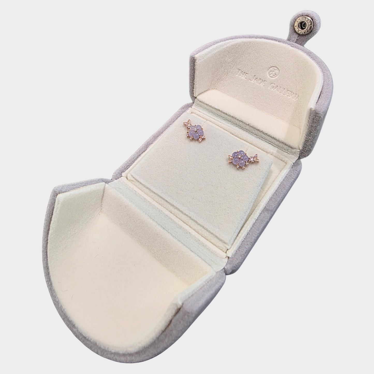 Lavender "Peach Blossom" Jadeite Jade Earrings in Rose Gold with Diamonds