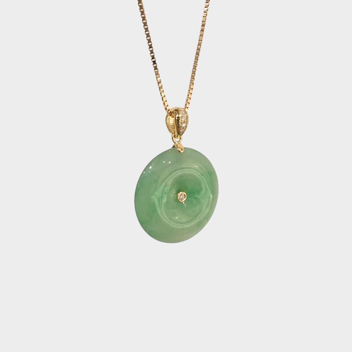 Green Jadeite Jade "Lucky Coin" Pendant in Yellow Gold with Diamonds