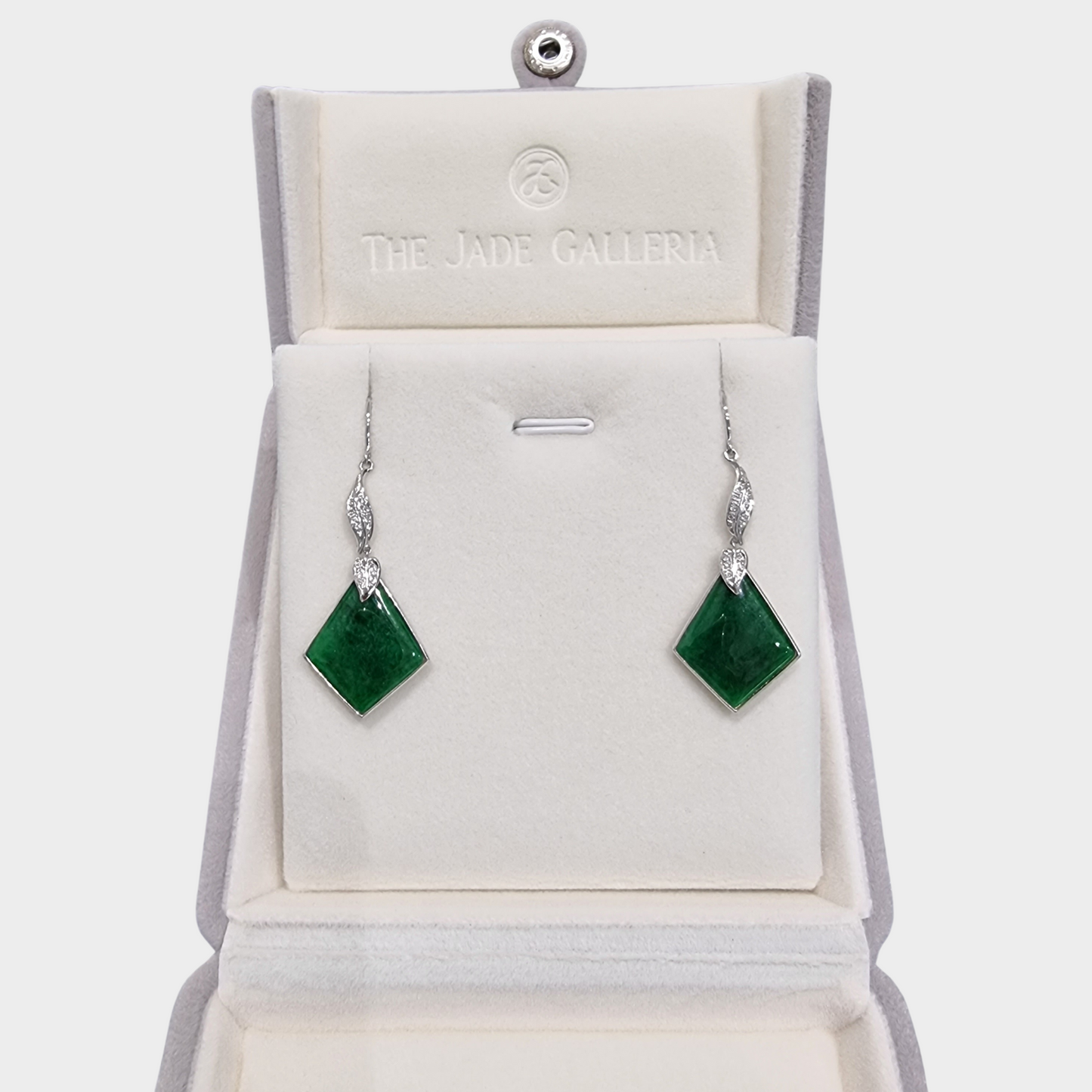 Spicy Green Jadeite Jade Drop & Dangle Earrings in White Gold with Diamonds