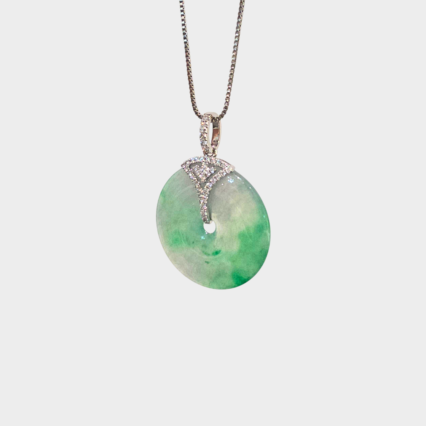 Icy Green Jadeite Jade "Lucky Coin" Pendant in White Gold with Diamonds