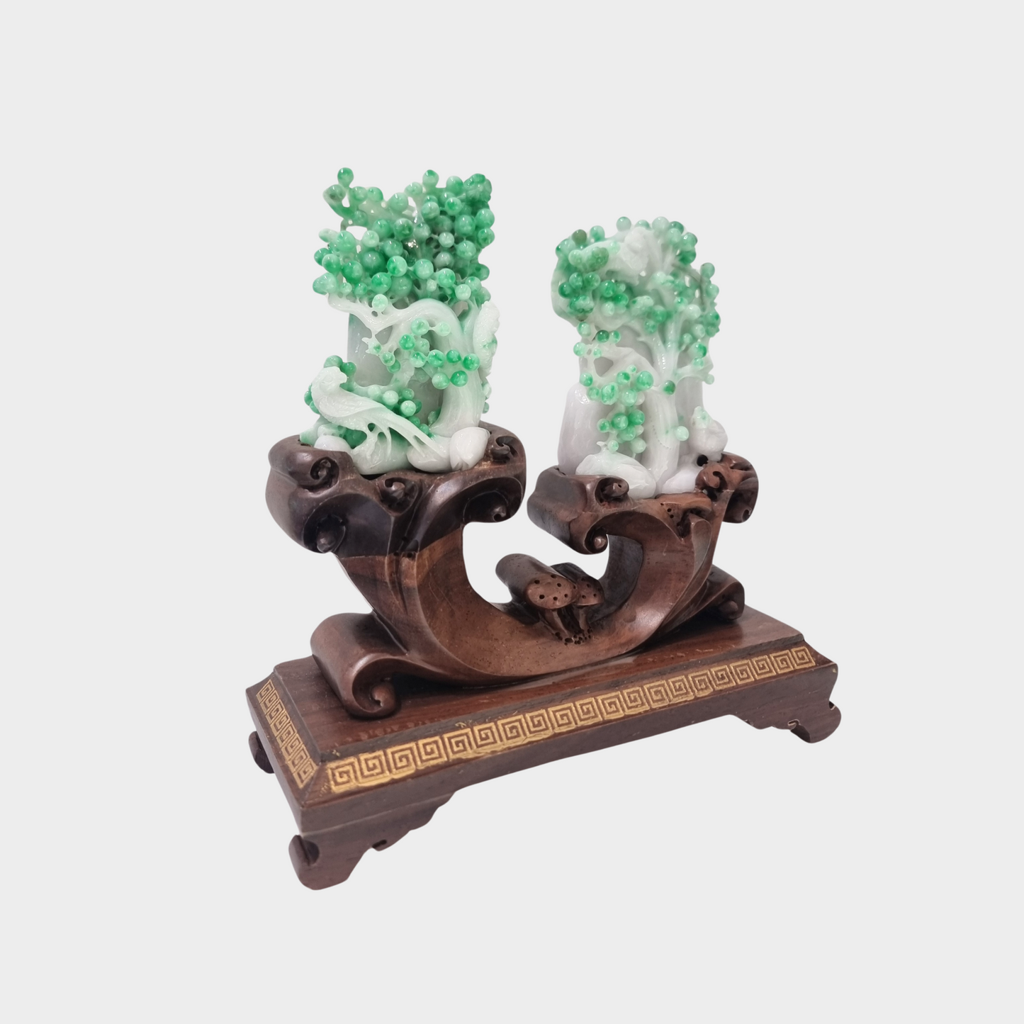 Spicy Green "Fruit Trees and Magpie Birds" Jadeite Jade Display