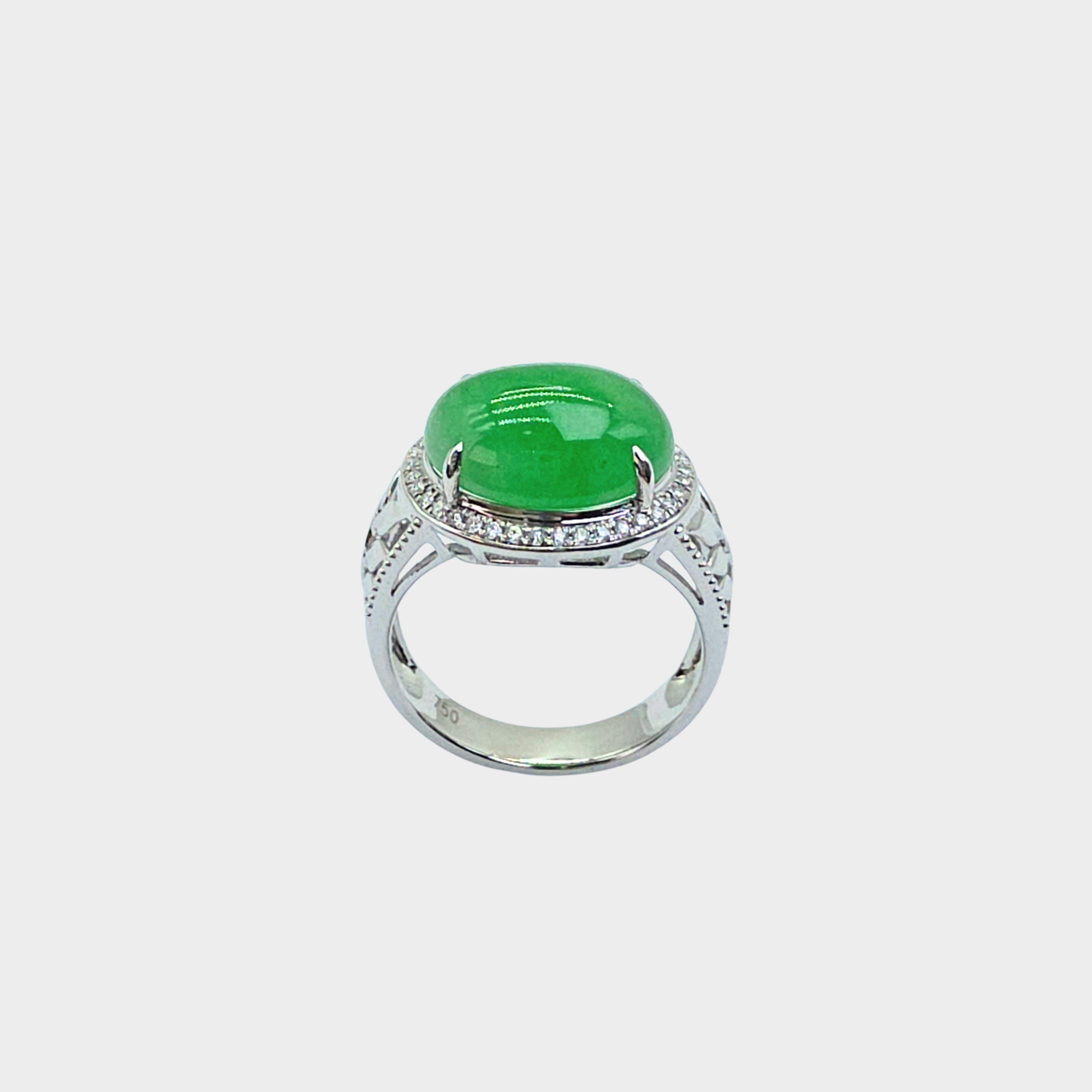 Jadeite Jade Cabochon Ring in White Gold with Diamonds