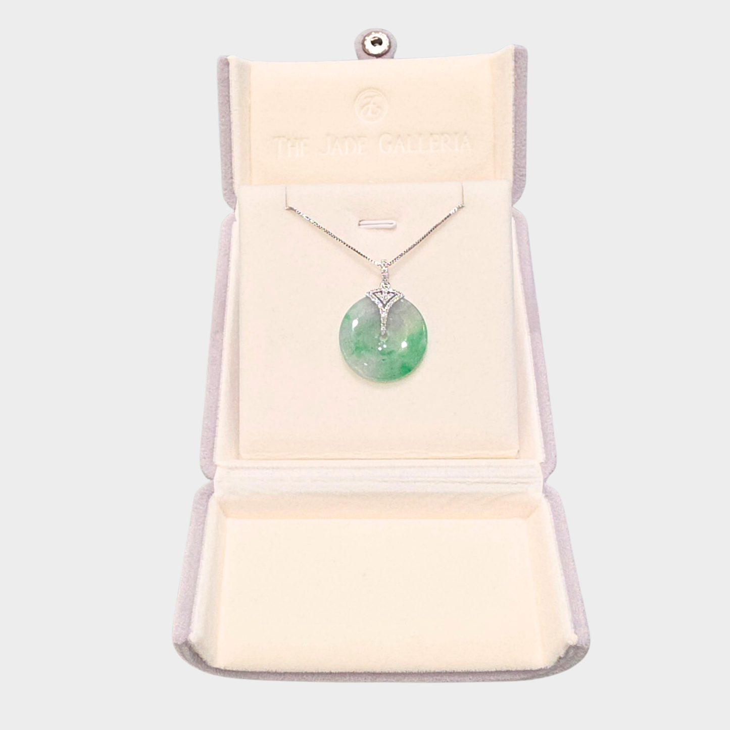 Icy Green Jadeite Jade "Lucky Coin" Pendant in White Gold with Diamonds