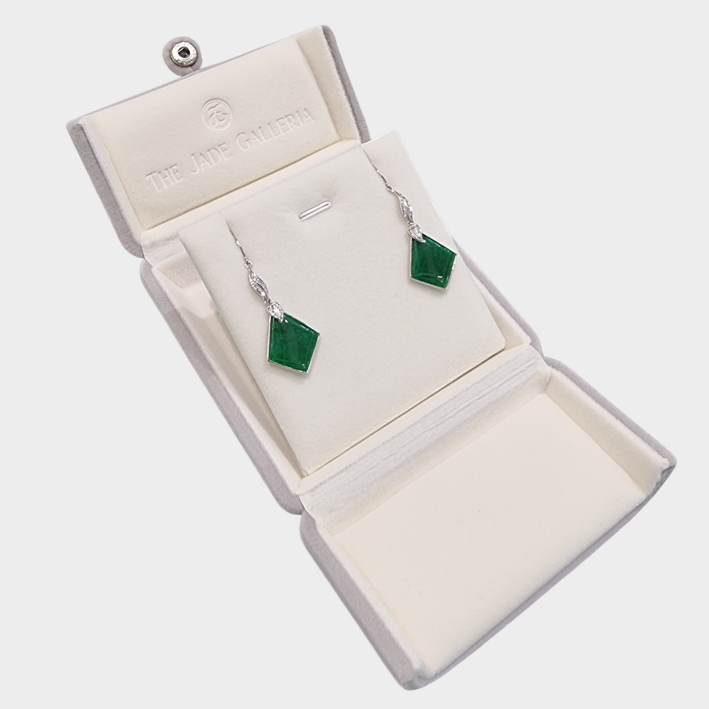 Spicy Green Jadeite Jade Drop & Dangle Earrings in White Gold with Diamonds