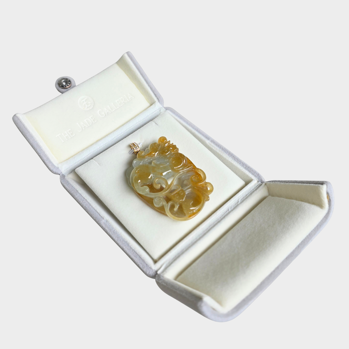 Honey Yellow Jadeite Jade "Ancient Dragon" Pendant in Yellow Gold with Diamonds