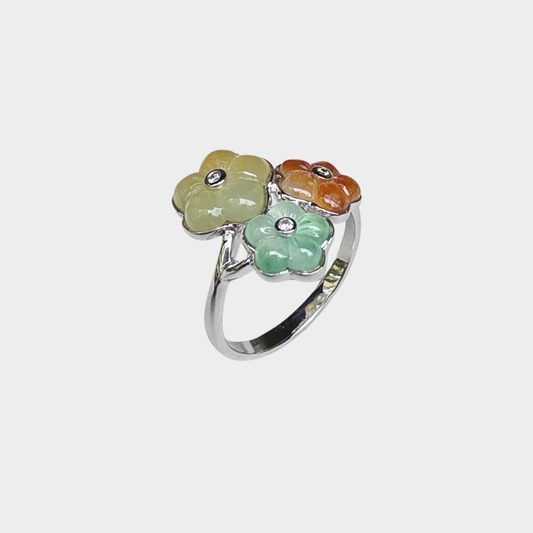 "Blooming Flowers" Jadeite Jade Ring in White Gold with Diamonds