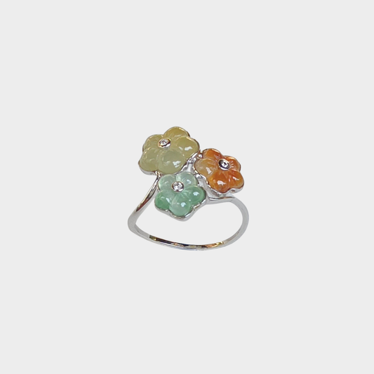 "Blooming Flowers" Jadeite Jade Ring in White Gold with Diamonds