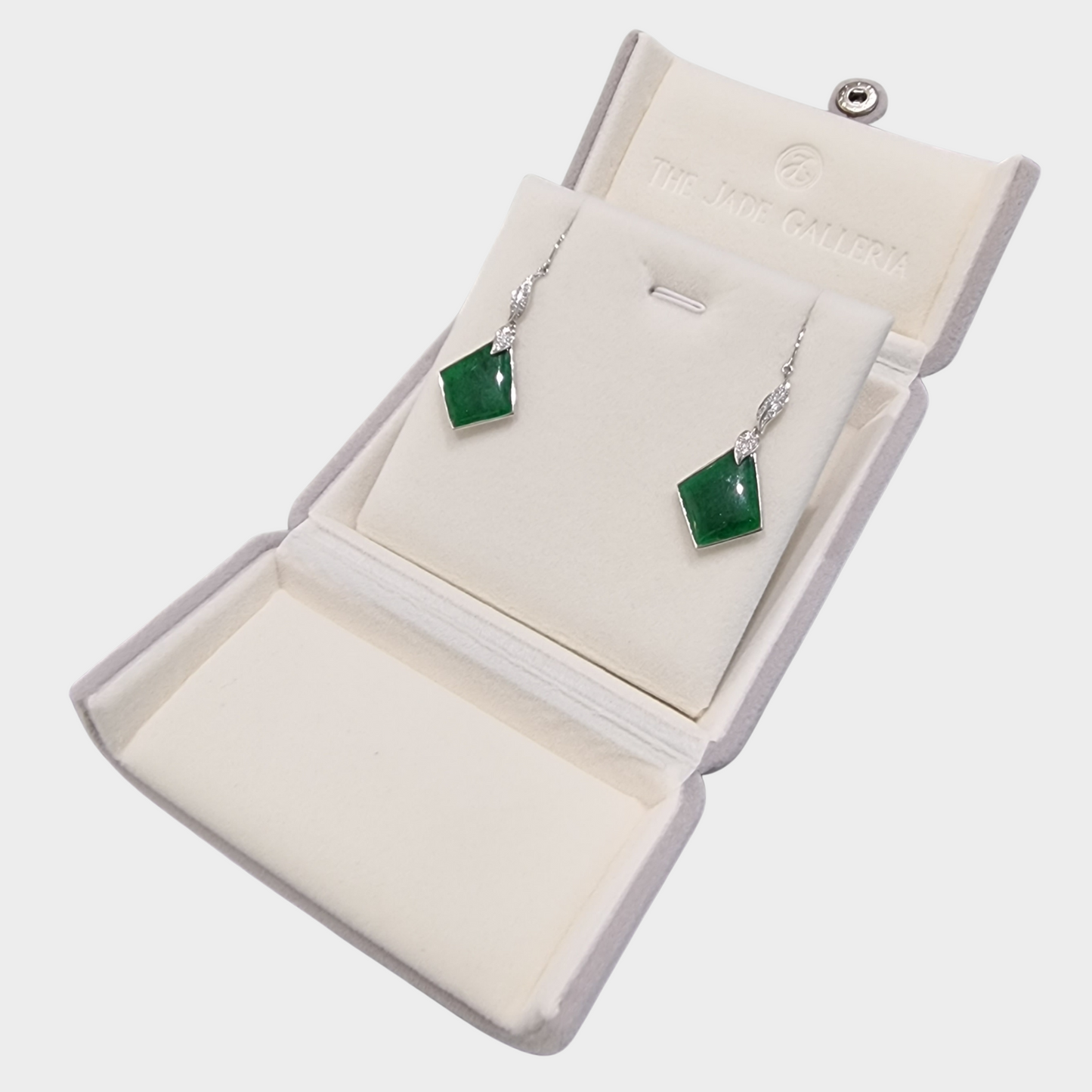 Spicy Green Jadeite Jade Drop & Dangle Earrings in White Gold with Diamonds