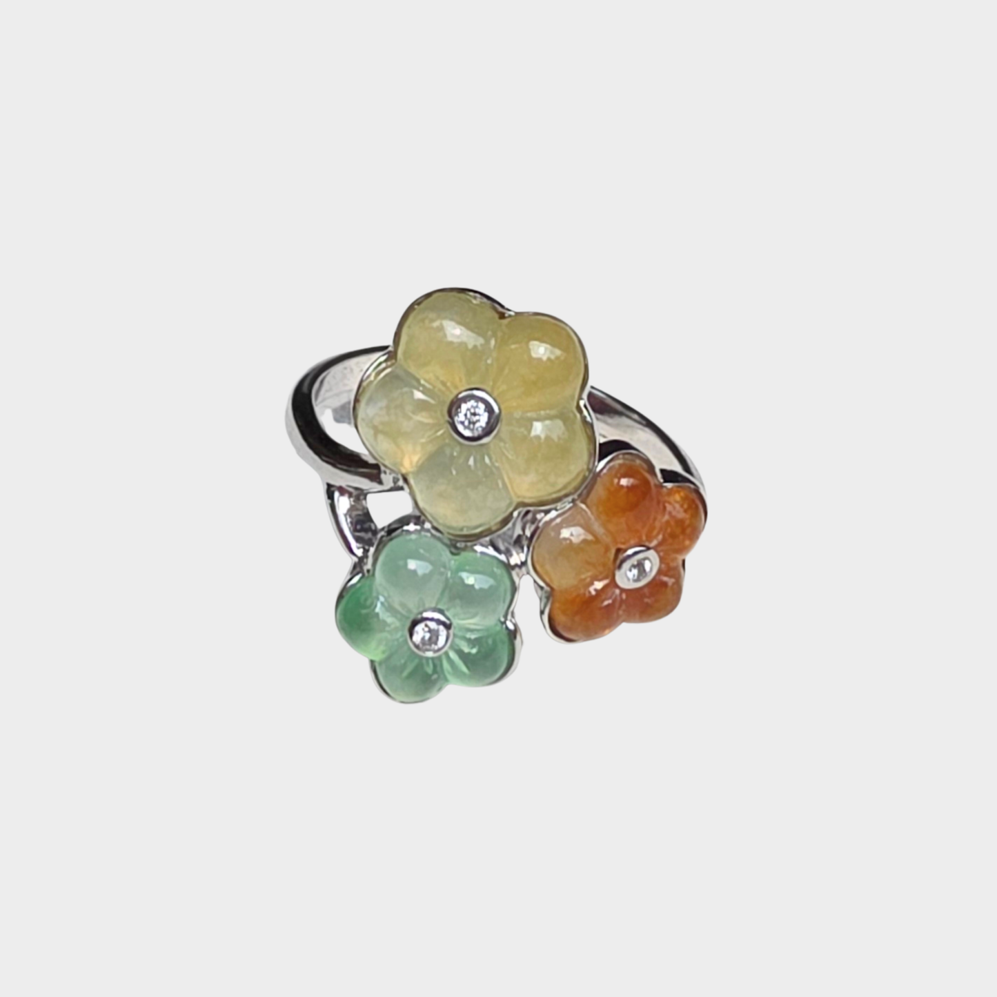 "Blooming Flowers" Jadeite Jade Ring in White Gold with Diamonds