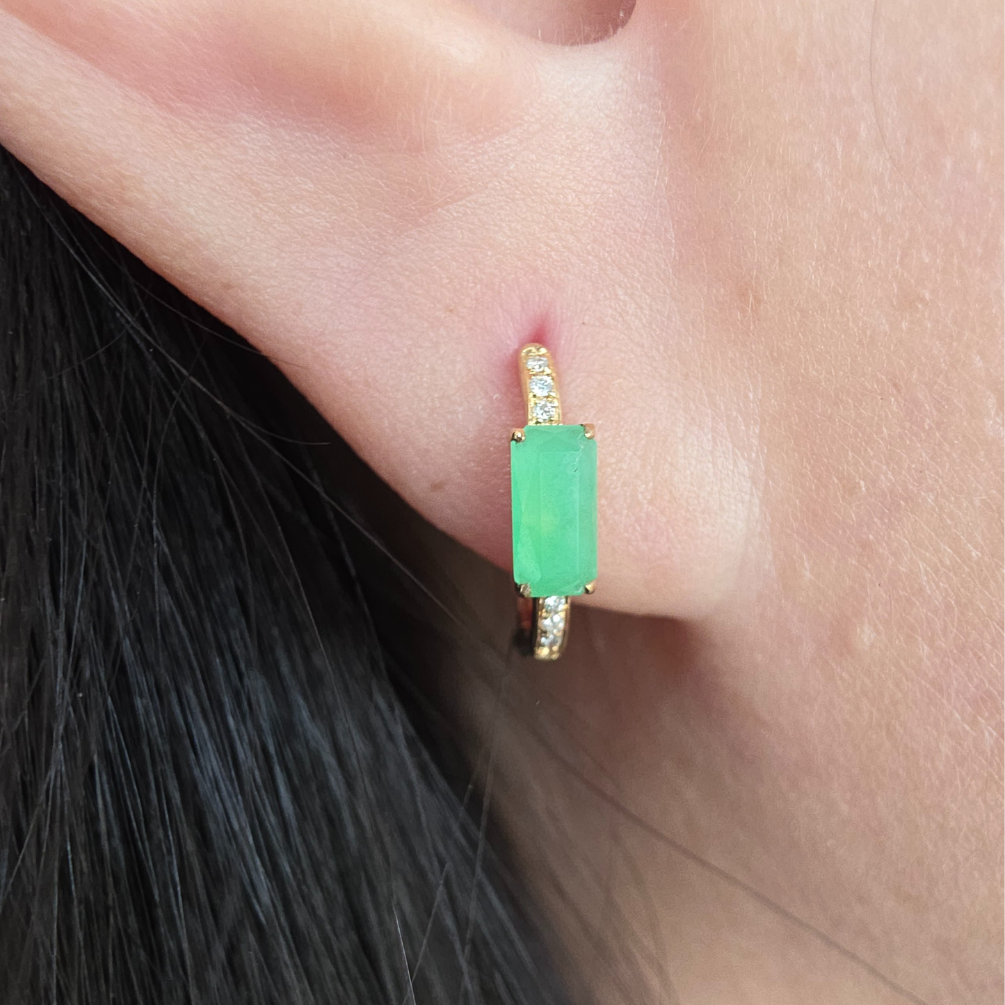 Jadeite Jade Hoop Earrings in Yellow Gold with Diamonds