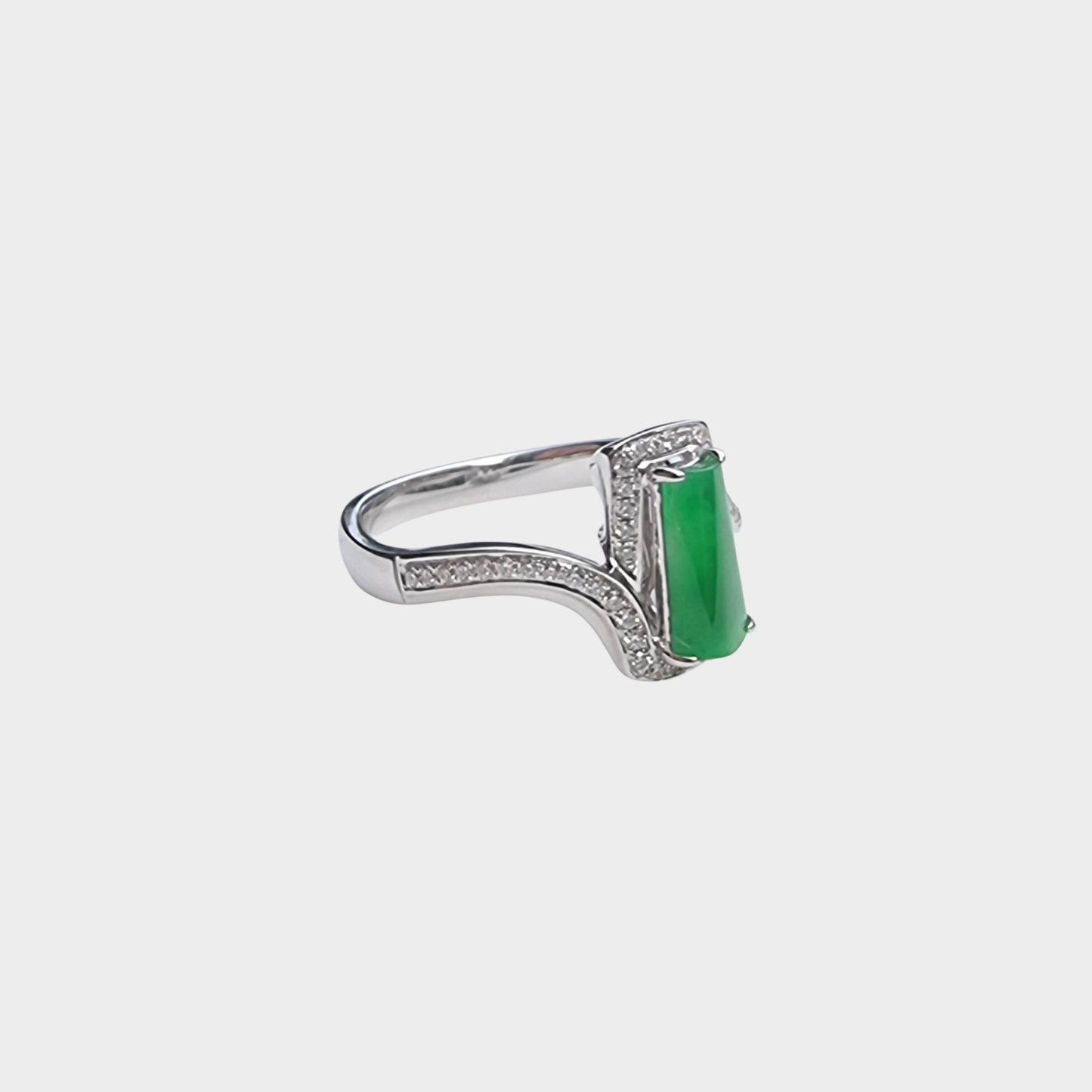 "Trapezoid" Apple Green Jadeite Jade Ring in White Gold with Diamonds