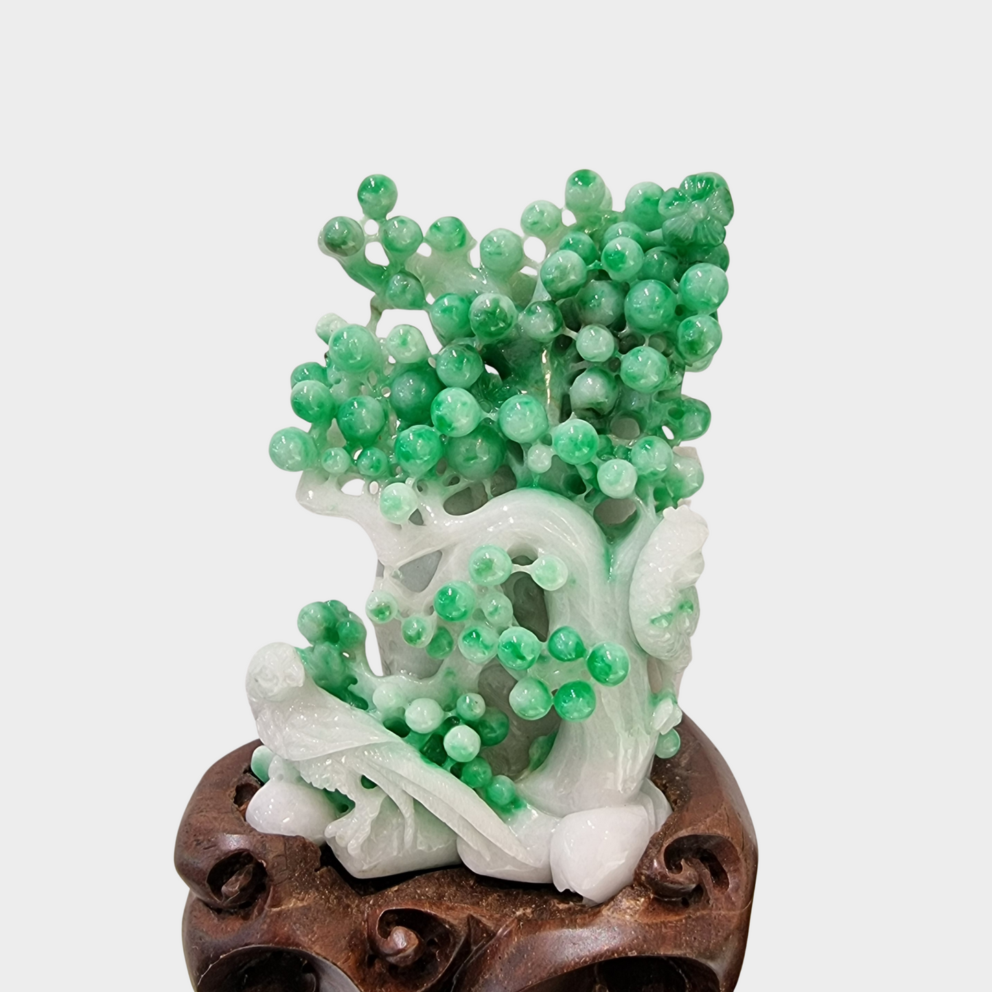 Spicy Green "Fruit Trees and Magpie Birds" Jadeite Jade Display