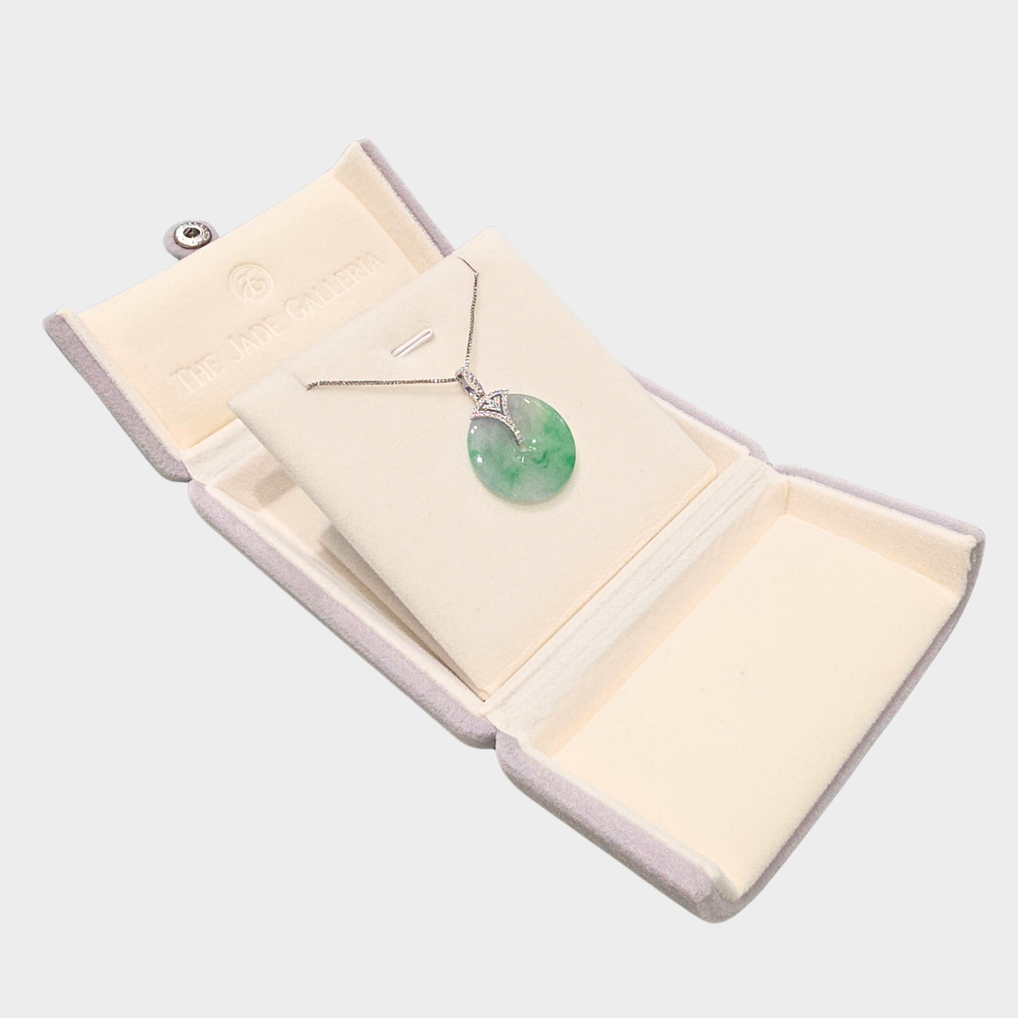 Icy Green Jadeite Jade "Lucky Coin" Pendant in White Gold with Diamonds