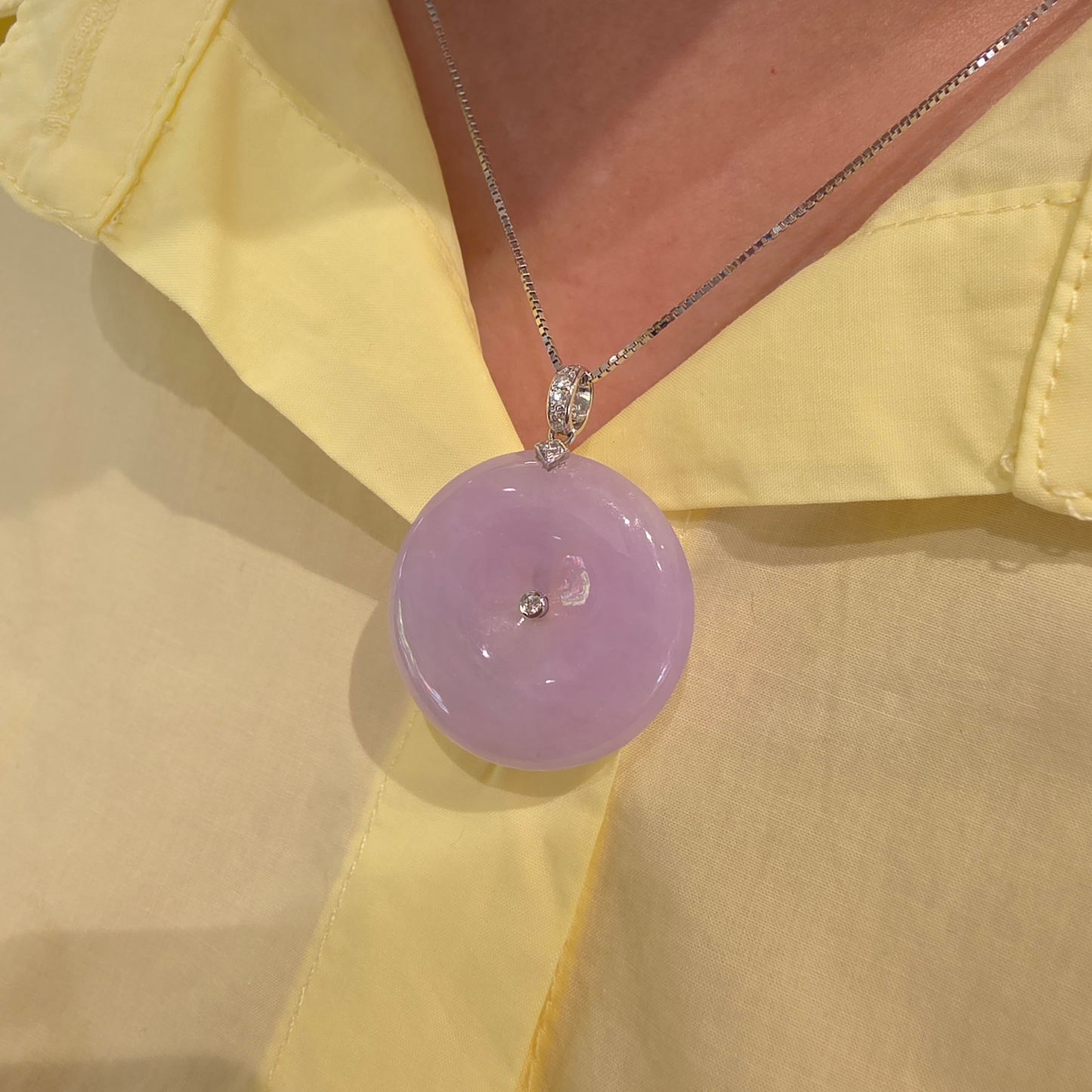 Lavender "Lucky Coin" Jadeite Jade Pendant in White Gold with Diamonds