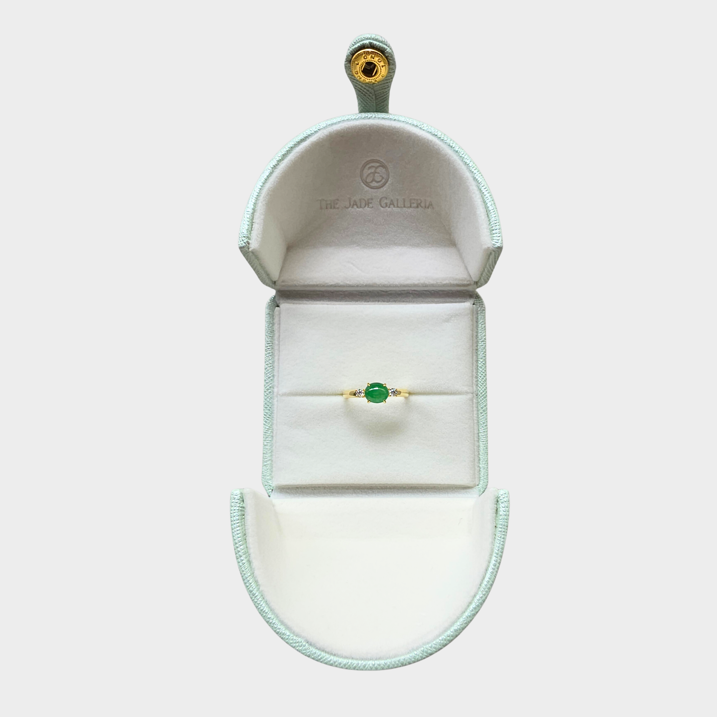 Apple Green Jadeite Jade Cabochon Ring in Yellow Gold with Diamonds