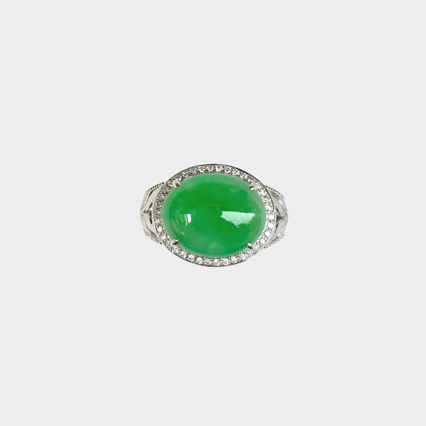 Jadeite Jade Cabochon Ring in White Gold with Diamonds