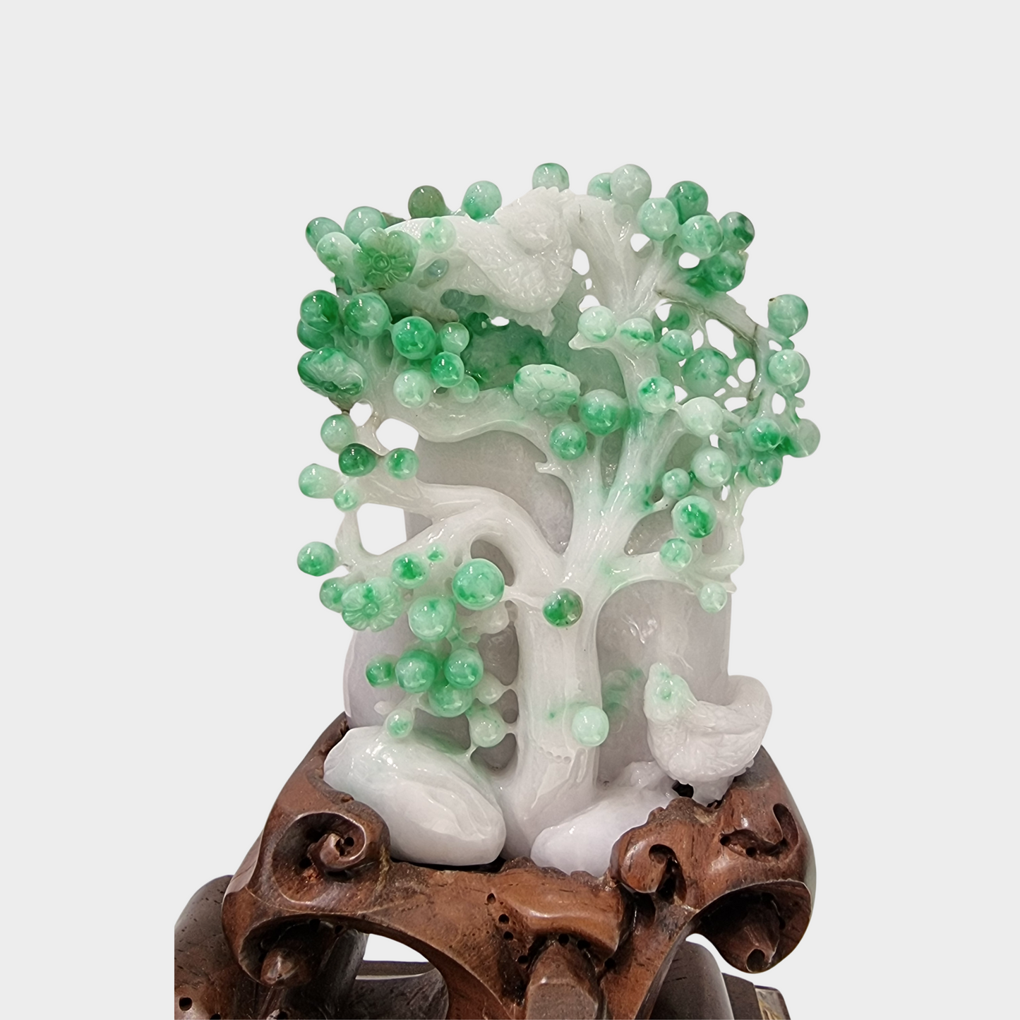 Spicy Green "Fruit Trees and Magpie Birds" Jadeite Jade Display