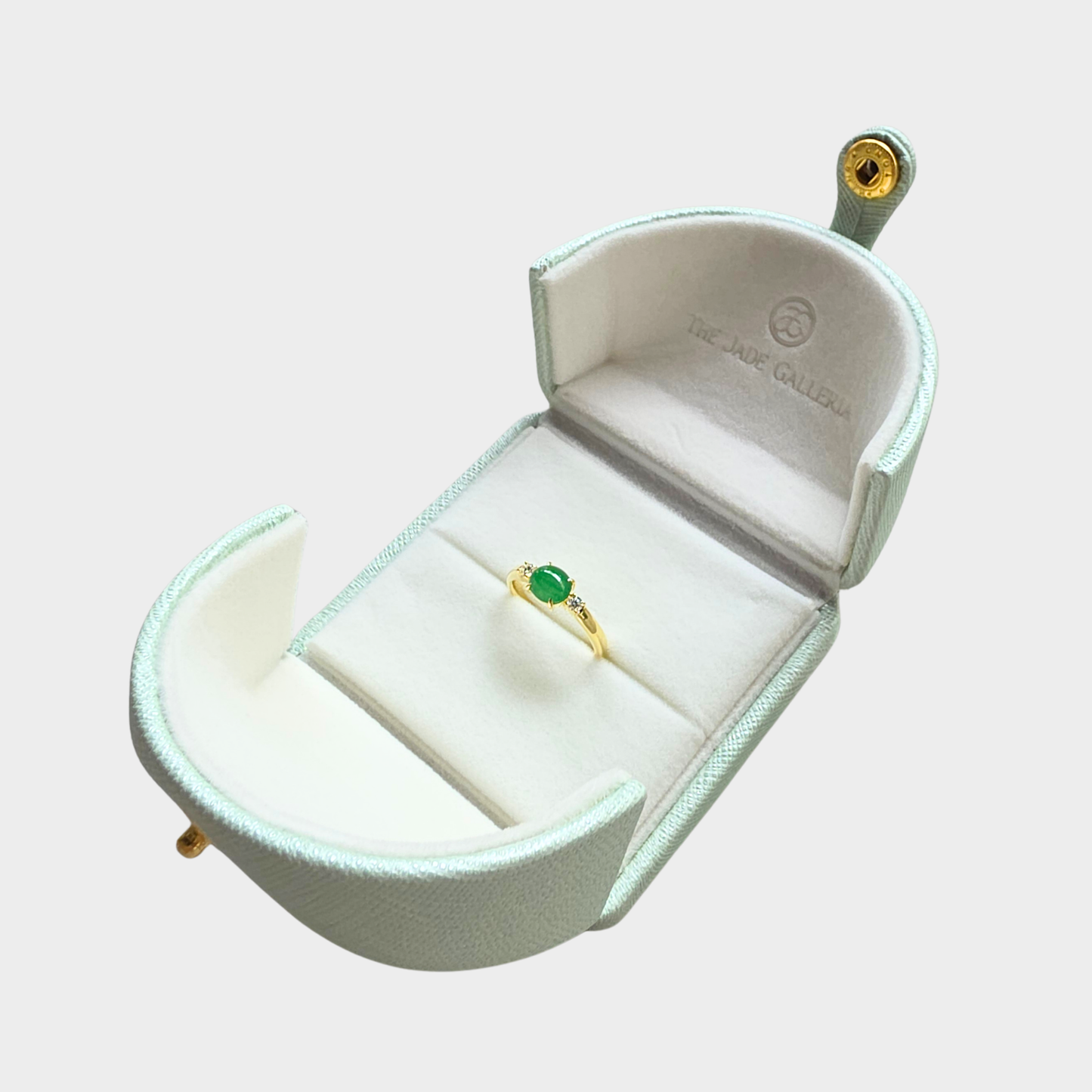 Apple Green Jadeite Jade Cabochon Ring in Yellow Gold with Diamonds