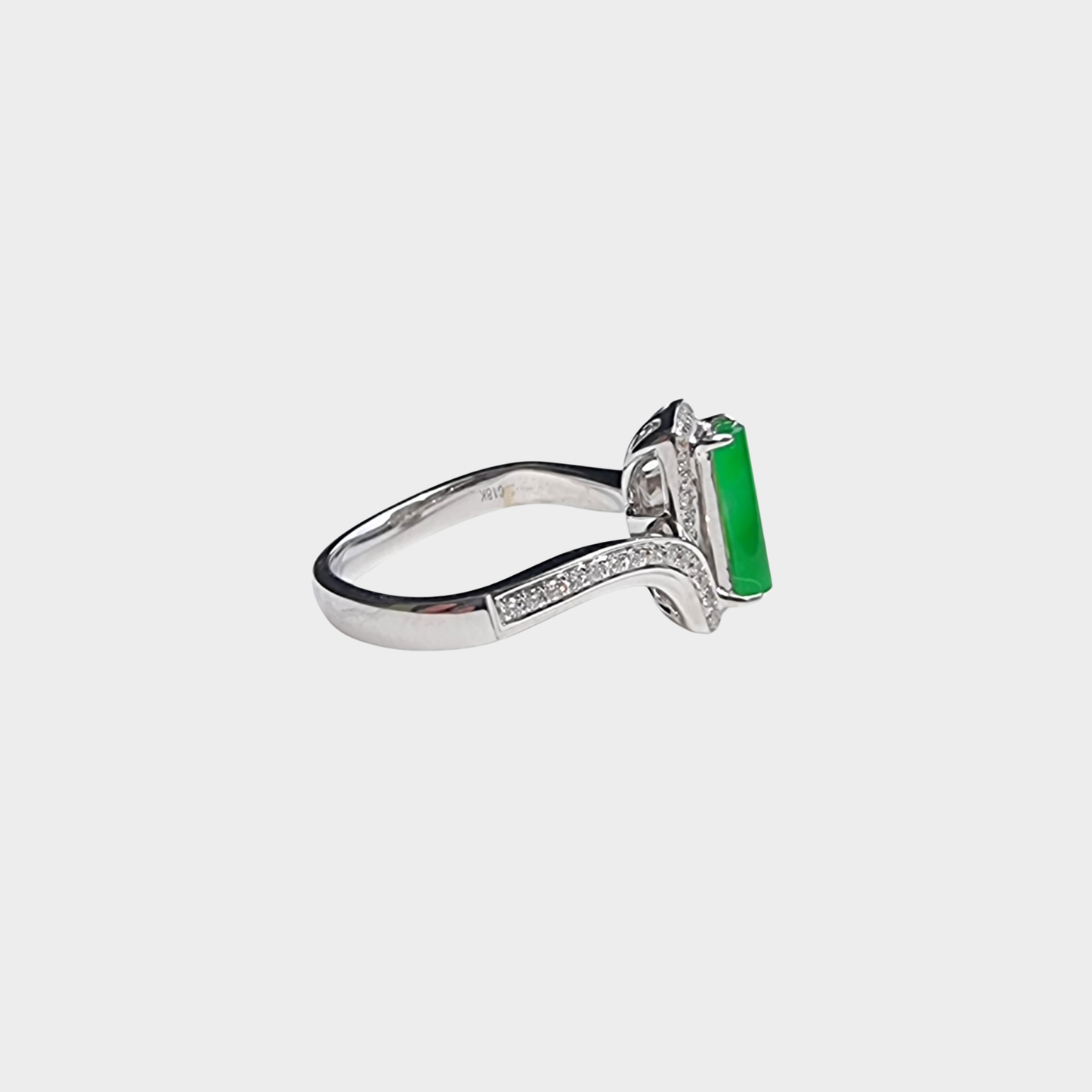 "Trapezoid" Apple Green Jadeite Jade Ring in White Gold with Diamonds
