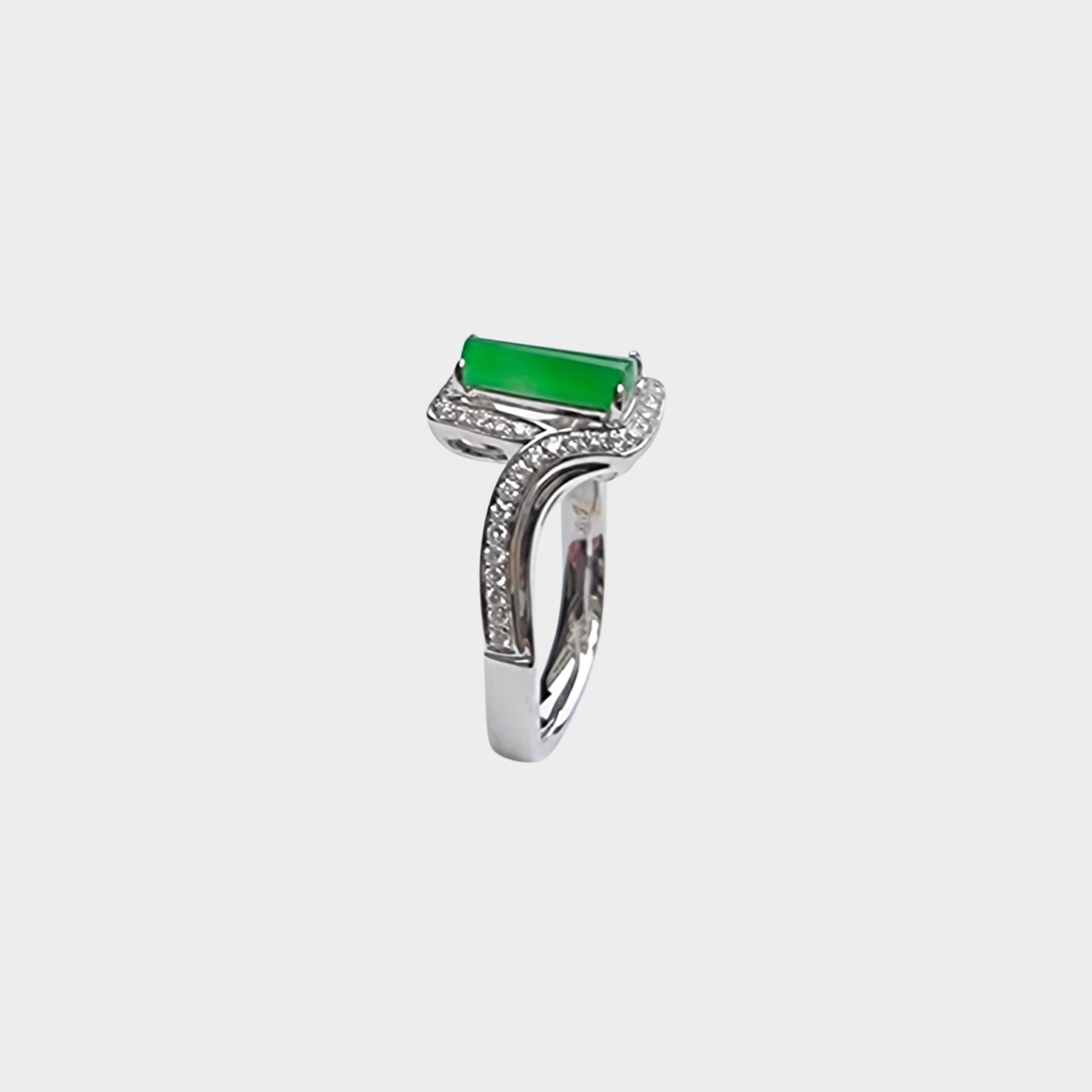 "Trapezoid" Apple Green Jadeite Jade Ring in White Gold with Diamonds