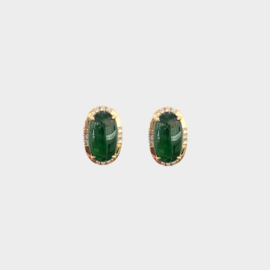 Green Jadeite Jade Stud Earrings in Yellow Gold with Diamonds