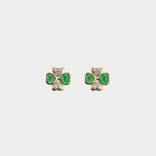 "Clover" Jadeite Jade Stud Earrings in Yellow Gold with Diamonds