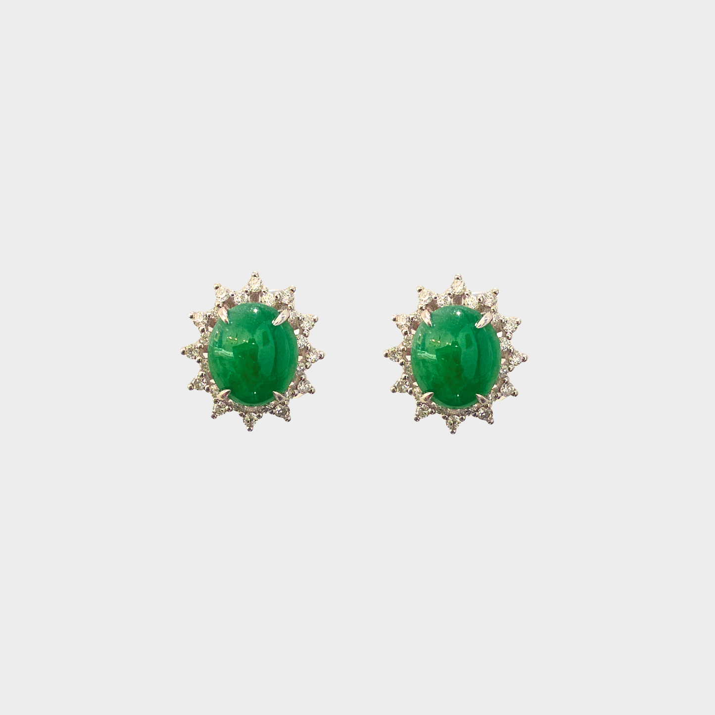 Green Jadeite Jade Stud Earrings in White Gold with Diamonds