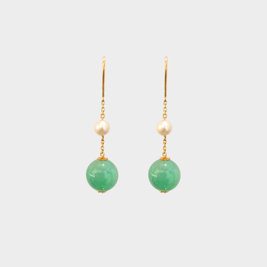 Jadeite Jade Beads Earrings with Pearls in Yellow Gold