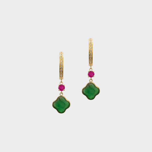 "Four-Leaf Clovers" Jadeite Jade Drop & Dangle Earrings in Yellow Gold with Diamonds
