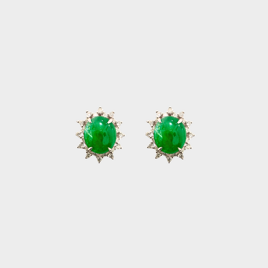 Green Jadeite Jade Stud Earrings in White Gold with Diamonds