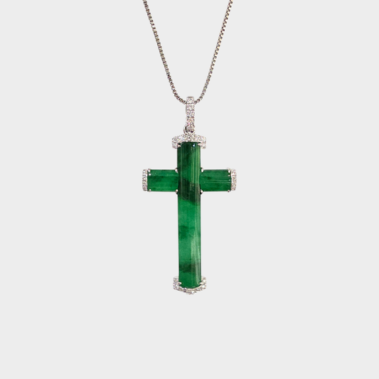 Jadeite Jade "Cross" Pendant in White Gold with Diamonds