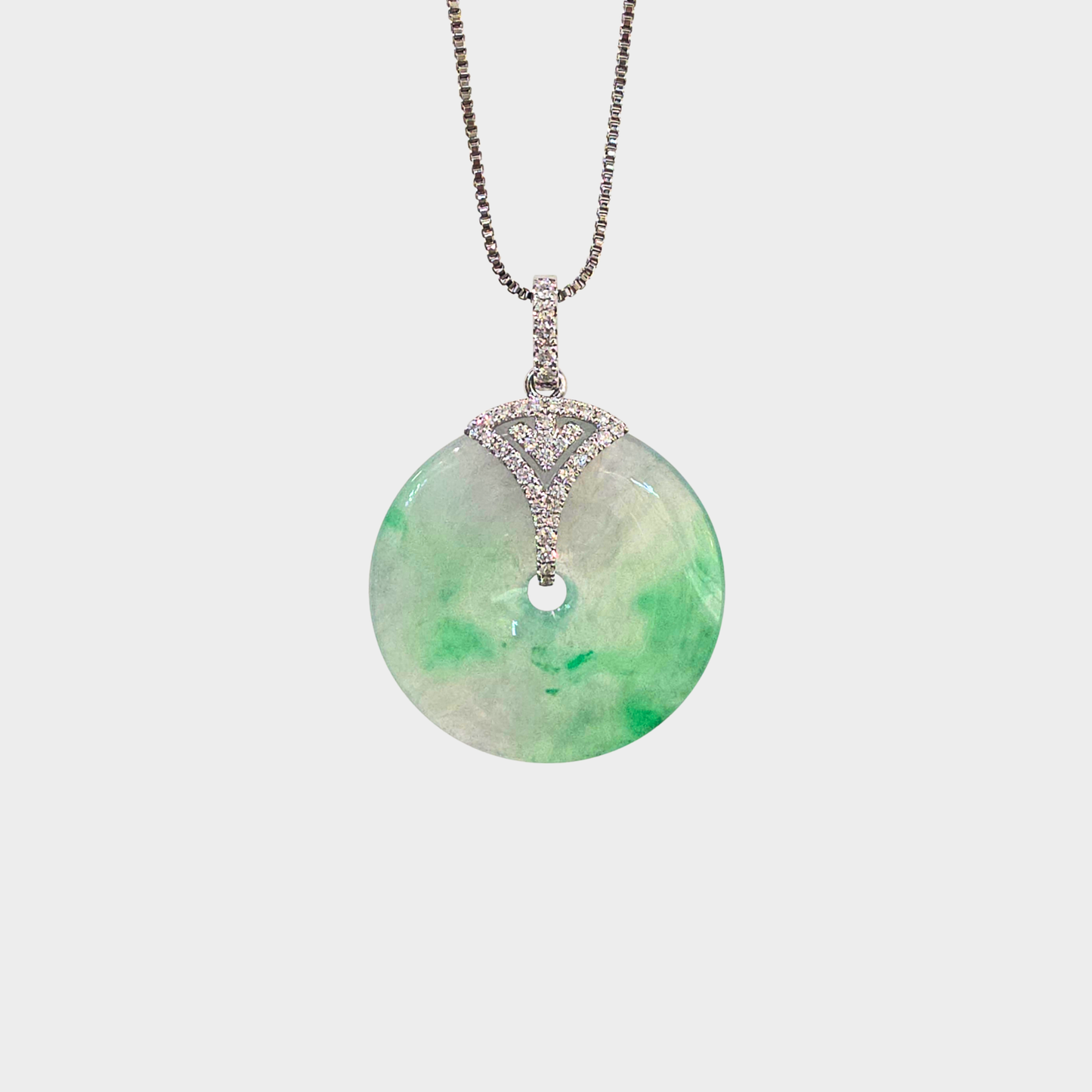 Icy Green Jadeite Jade "Lucky Coin" Pendant in White Gold with Diamonds