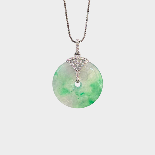 Icy Green Jadeite Jade "Lucky Coin" Pendant in White Gold with Diamonds