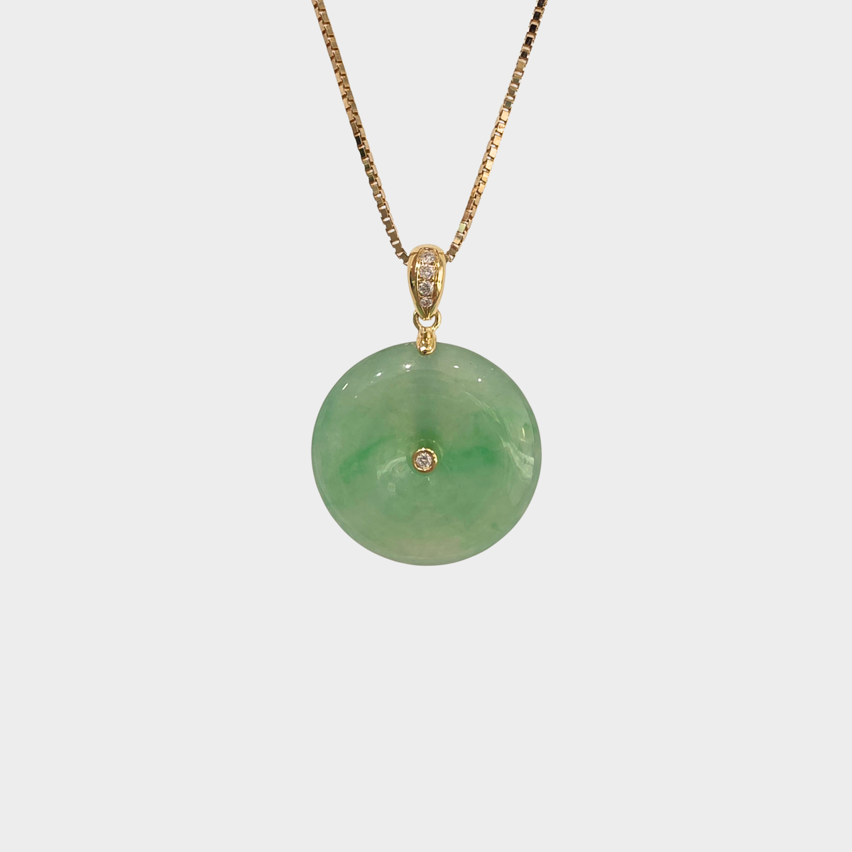 Green Jadeite Jade "Lucky Coin" Pendant in Yellow Gold with Diamonds