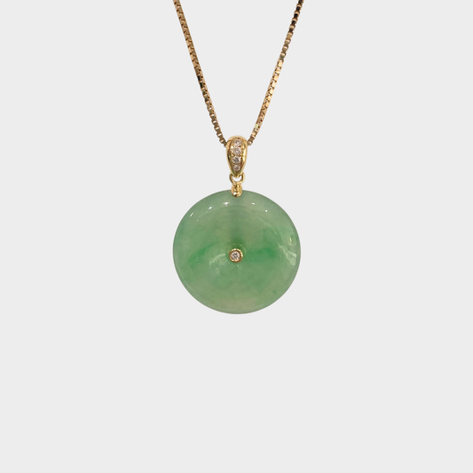 Green Jadeite Jade "Lucky Coin" Pendant in Yellow Gold with Diamonds