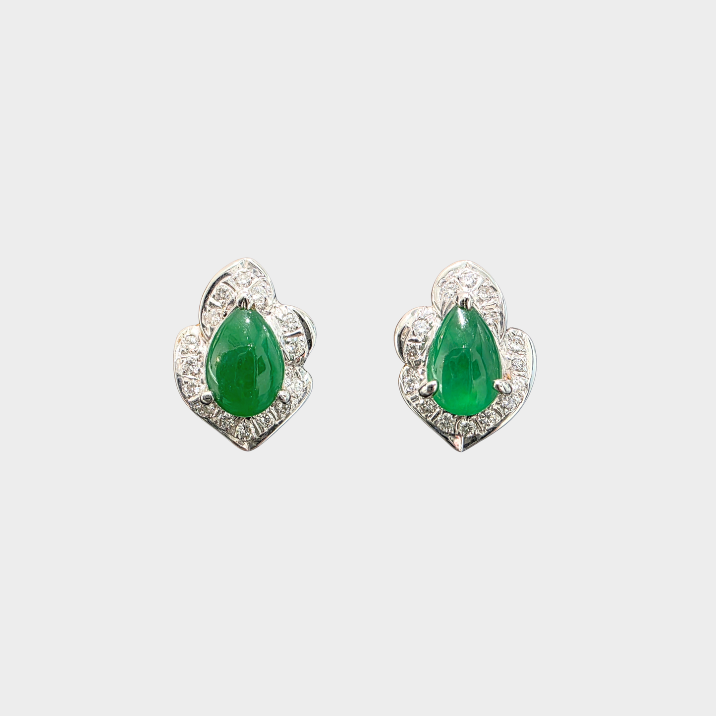 Emerald Green Jadeite Jade Stud Earrings in White Gold with Diamonds